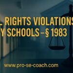 Banner image showing gold text “Civil Rights Violations by Schools – § 1983” over a school hallway background with scales of justice, representing constitutional violations in educational settings.