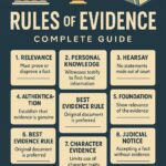 rules of evidence infographic showing courthouse icons, legal symbols, and key evidence principles