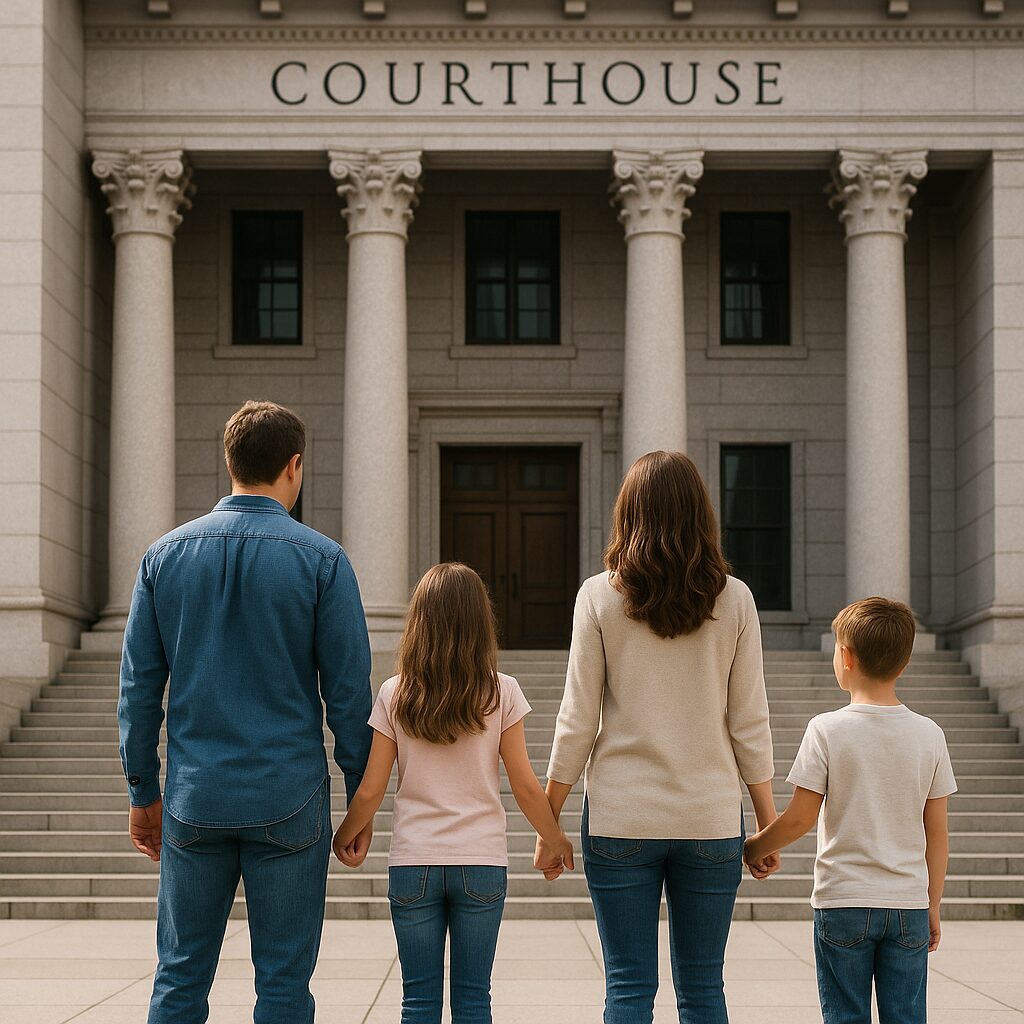A family of four—father, mother, daughter, and son—holding hands and standing in front of a large courthouse with stone columns, symbolizing unity and parental rights in the legal system.